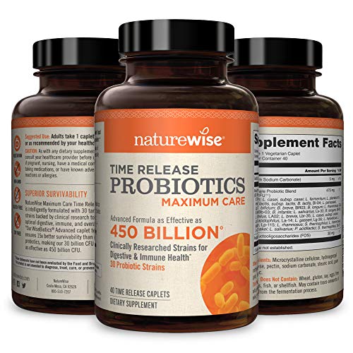 NatureWise Max Probiotics for Men & Women | Time-Release Caplets Comparable to 450 Billion CFU with 30 Strains, WiseBiotics Technology, Shelf Stable, & Acid Resistant [1 Month Supply - 40 Caplets]