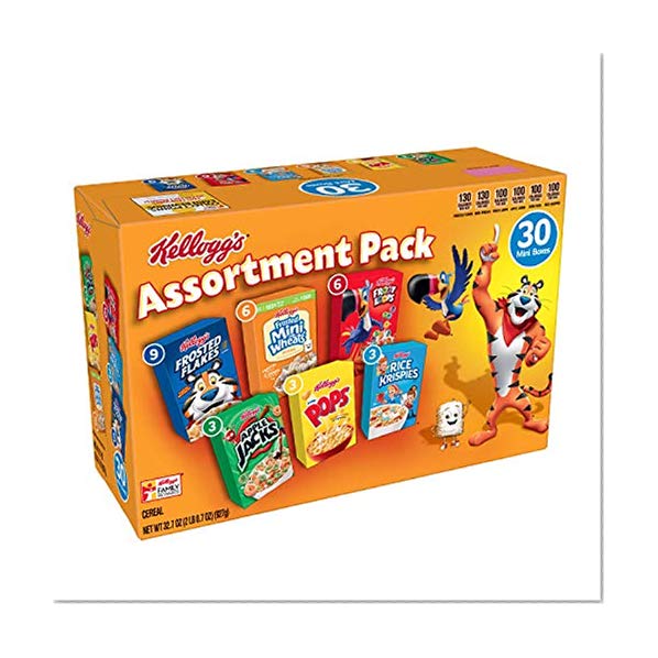 Kellogg's Breakfast Cereal, Assortment Pack, Frosted Flakes, Frosted Mini-Wheats, Froot Loops, Apple Jacks, Corn Pops, and Rice Krispies, 32.7 oz Tray (30 Count)
