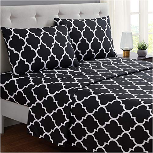 Book Cover Mellanni California King Sheets - Hotel Luxury 1800 Bedding Sheets & Pillowcases - Extra Soft Cooling Bed Sheets - Deep Pocket up to 16 inch Mattress - Easy care - 4 Piece (Cal King, Quatrefoil Black)