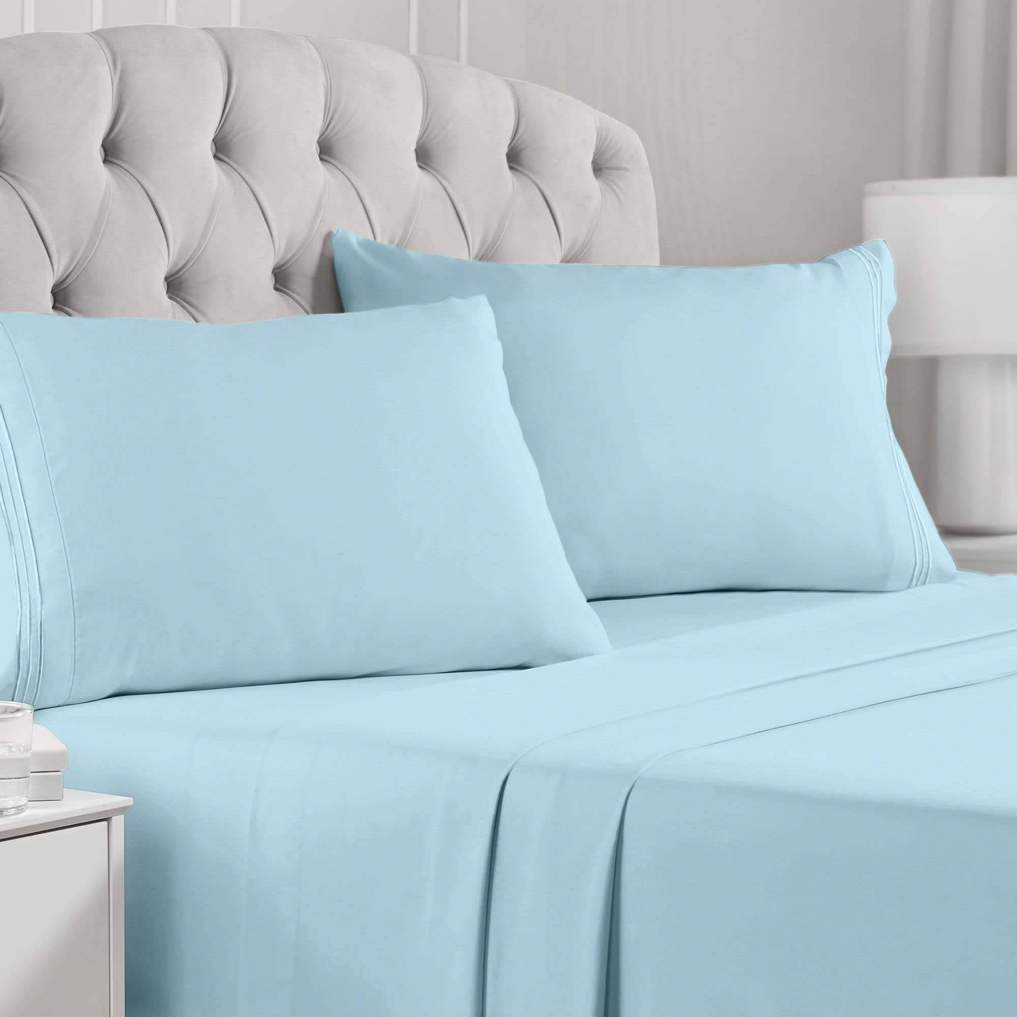 Book Cover Mellanni California King Sheet Set - 4 Piece Iconic Collection Bedding Sheets & Pillowcases - Hotel Luxury, Extra Soft, Cooling Bed Sheets - Deep Pocket up to 16 inch - Easy care (Cal King, Baby Blue) California King Baby Blue