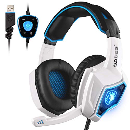 Book Cover SADES Spirit Wolf 7.1 Surround Stereo Sound USB Computer Gaming Headset with Microphone,Over-the-Ear Noise Isolating,Breathing LED Light For PC Gamers (Black White)