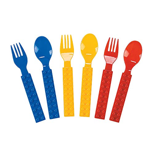 Book Cover Brick Party Fork & Spoon Utensils Silverware Set - 16 pieces- Brick and Building Block Birthday Party Supplies