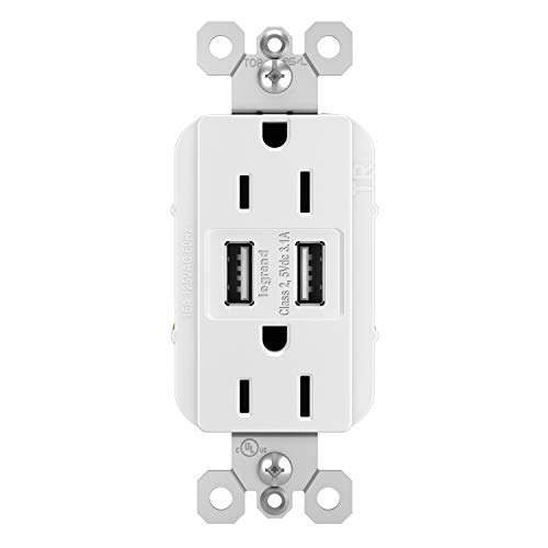 Legrand Radiant TM826USBWCCV6 15 Amp Decorator Duplex Tamper Resistant Outlet Receptacle with 3.1A Type A USB Charger, White (1 Count)