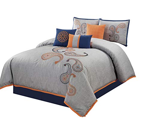 Chezmoi Collection Naomi 7-Piece Navy Orange Paisley Floral Embroidery Comforter Bedding Set (California King)