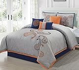 Chezmoi Collection Naomi 7-Piece Navy Orange Paisley Floral Embroidery Comforter Bedding Set (California King)