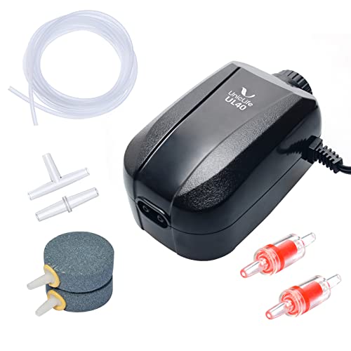 Uniclife 64 GPH Aquarium Air Pump with Dual Outlets Adjustable Quiet Oxygen Aerator Pump with Air Stone Airline Tubing Check Valve and Connector Accessories for Fish Tank up to 60 Gallons