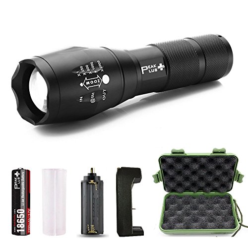 Book Cover PeakPlus Super Bright LED Tactical Flashlight Zoomable Adjustable Focus 5 Modes Water Resistant Torch with Rechargeable 18650 Lithium Ion Battery & Charger