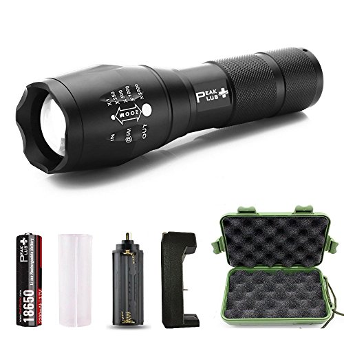 PeakPlus Super Bright LED Tactical Flashlight Zoomable Adjustable Focus 5 Modes Water Resistant Torch with Rechargeable 18650 Lithium Ion Battery & Charger