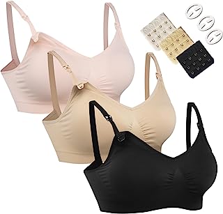 Women's Full Cup Lightly Padded Wirefree Maternity Breastfeeding Nursing Bra Size L, 3PCS/Pack(Pink-Black-Beige)