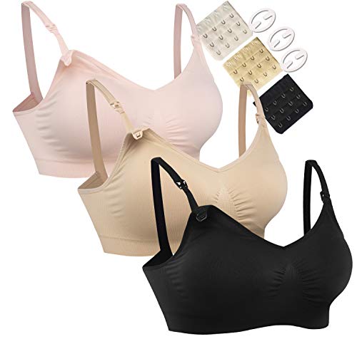 HOFISH Women's Full Cup Lightly Padded Wirefree Maternity Breastfeeding Nursing Bra Size XL, 3PCS/Pack(Pink-Black-Beige)