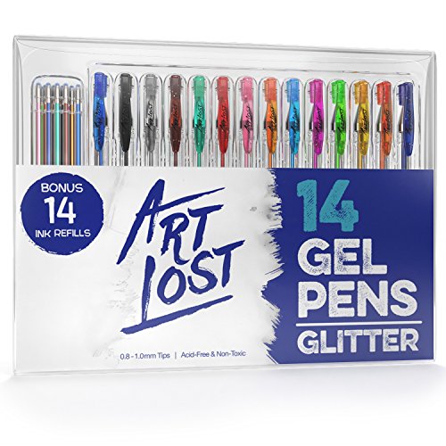 Book Cover ArtLost Glitter Gel Pens, Medium-Point 0.8 mm, Assorted Colors, Set of 14 Pen with 14 Ink Refills