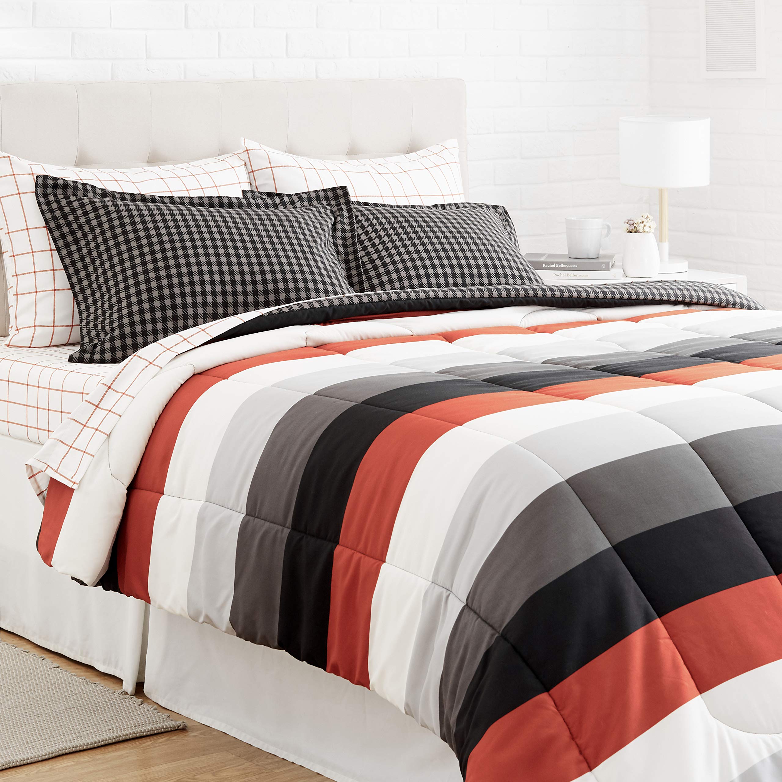 Book Cover Amazon Basics Lightweight Microfiber 7 Piece Bed-In-A-Bag Comforter Bedding Set, Full/Queen, Red Simple Stripe, Plaid, Striped Red Simple Stripe Queen