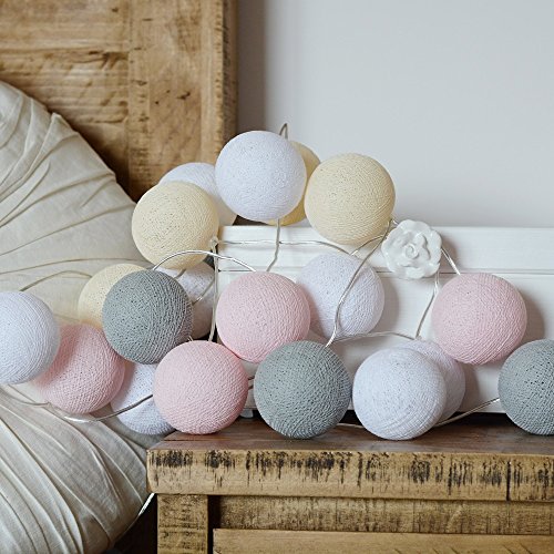 CHAINUPON 20 Cotton Ball String Fairy Night Lights Kid Bedroom,Home,Decor,Boys Girls Plug in Lights (Gray Pink)