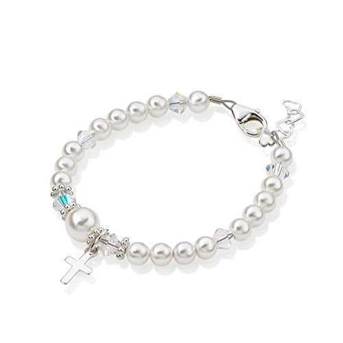 Book Cover Crystal Dream Christening White Swarovski Simulated Pearls and Crystals, Sterling Silver Cross Charm Keepsake Girl Infant Bracelet (BCRS_M)