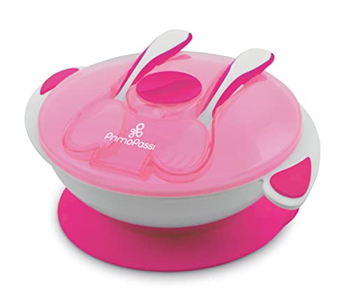 Baby Suction Bowl with Lid Snap-in Fork & Spoon - BPA Free First Stage Self Feeding Utensils - by Primo Passi |Pink|