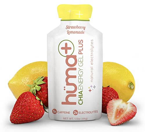Huma Plus (Double Electrolytes) - Chia Energy Gel, Strawberry Lemonade, 24 Gels, 1x Caffeine - Stomach Friendly, Real Food Energy Gels