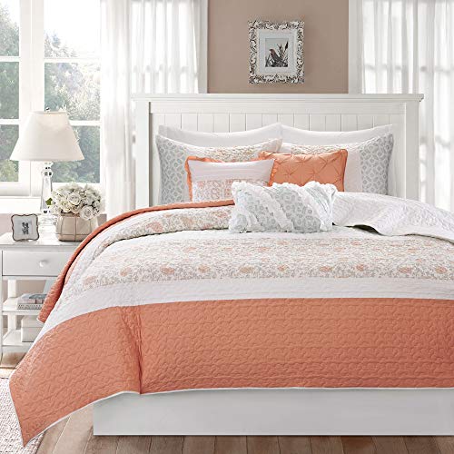 Book Cover Madison Park MP13-2800 Dawn 6 Piece Cotton Percale Quilted Coverlet Set, Coral