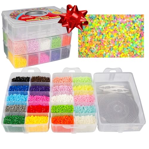 Fuse Beads 20,000 Bulk Creativity Builder Kit- 20 Presorted Muli Colors (5 Glow Dark) w Tweezers, Peg Boards, Melt Ironing Paper, Case - Works with Perler, Pixel Art Craft Project, Kids Holiday Party