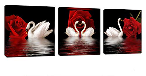Book Cover Amoy Art -3 Panels Beautiful Romantic Swans Art Print on Canvas Red Rose Flowers Wall Art Decor Stretched Frames for Bedroom Bathroom Ready to Hang