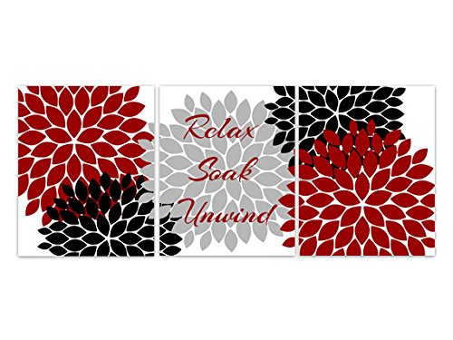 Book Cover Relax Soak Unwind - Red, Black and Gray Bathroom Decor, Modern Bathroom Art, Set of 3 Bath Art Prints - BATH61