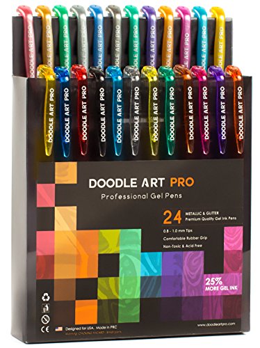 DOODLE ART PRO Glitter Gel Pens with Metallic Set of 24 for Adult Coloring Books - Assorted Colors Gel Pens Set, Fine Tip, Quick Dry, Professional Coloring Pen