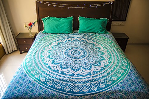 Book Cover Hippie Mandala Tapestry Bedding with Pillow Covers, Bohemian Wall Hanging, Hippy Blanket or Picnic Beach Throw, Indian Ombre Mandala Bedspread for Bedroom Decor, Queen Size Tealtastic Boho Tapestry