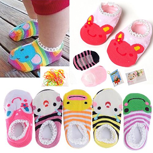 FlyingP 5Pairs Baby Toddler Anti Slip Skid Socks for 6-18 Months Cute Animal Stripes No-Show Crew Boat Socks Baby Socks Footsocks
