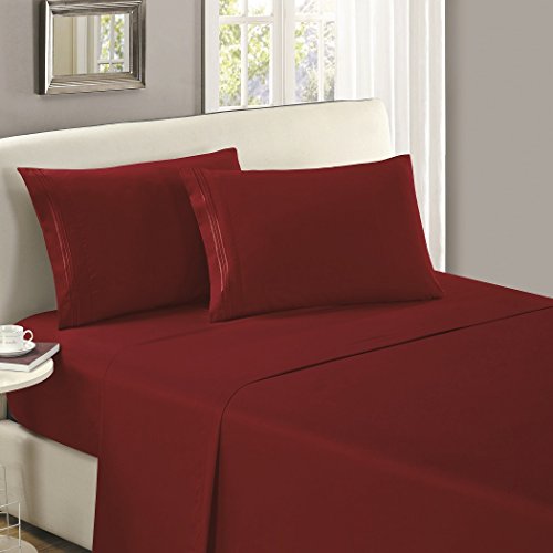 Book Cover Mellanni Queen Flat Sheet - Hotel Luxury 1800 Bedding Cooling Top Sheet - Softest Sheets - Wrinkle, Fade, Stain Resistant - 1 Queen Flat Sheet Only (Queen, Burgundy)