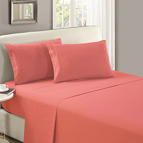 Book Cover Mellanni Luxury Flat Sheet - Brushed Microfiber 1800 Bedding Top Sheet - Wrinkle, Fade, Stain Resistant - Ultra Soft - 1 Flat Sheet Only (Queen, Coral)
