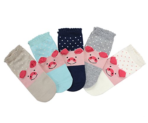 CozyWow Cute Animal Socks Funny Low Cut Socks Gift for Womens Girls 5Pairs Pig