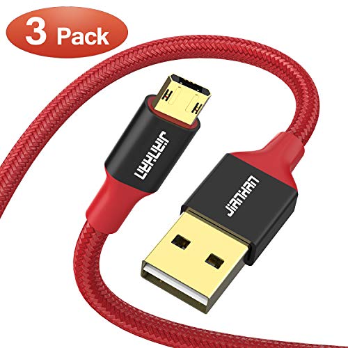 Reversible Micro USB Cable,JianHan [3-Pack] Braided Micro USB Charging Cable for Samsung Galaxy S7 S6 J7 Edge,Note 5,LG G3 G4,Kindle,Xbox,PS4,Nexus,Motorola,Android Phones (1.5ft /3.3ft /6.6ft Red)