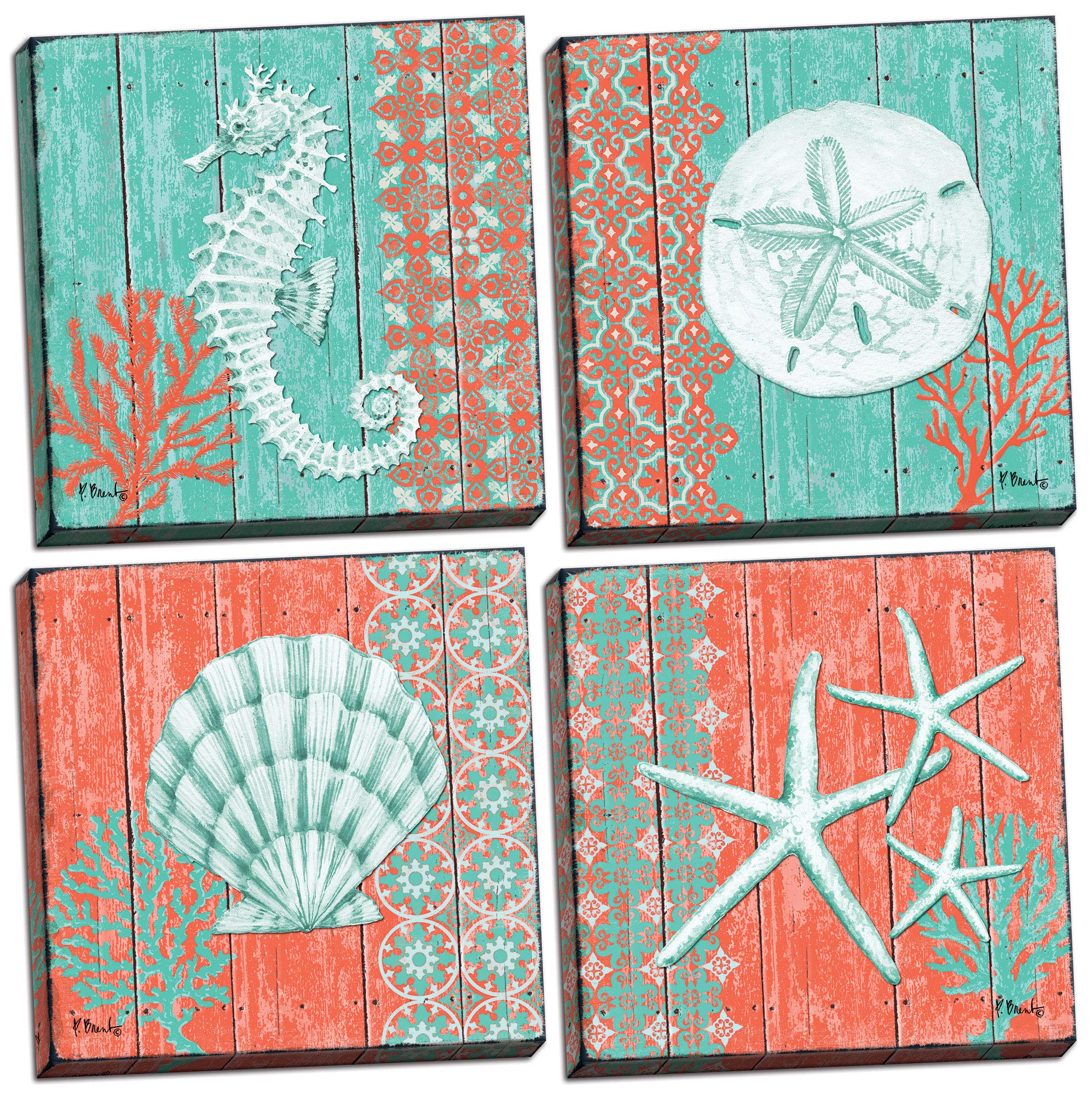 Book Cover Gango Home Décor 4 Lovely Teal and Coral Ocean Seashell Sand Dollar Seahorse Star Fish Collage; Nautical Decor; Four 12 by 12-Inch Canvases Four 12 x 12 in Canvases