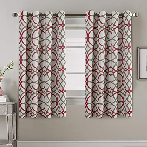 Book Cover Blackout Curtains for Living Room Thermal Insulated Room Darkening Bedroom Curtains for Kids 63 Length - Geo Pattern Print Grommet Window Treatment Panels Pair (52 by 63 Inch, Taupe & Red)