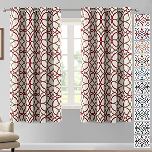 Blackout Curtains for Living Room Thermal Insulated Room Darkening Bedroom Curtains for Kids 63 Length - Geo Pattern Print Grommet Window Treatment Panels Pair (52 by 63 Inch, Taupe & Red)