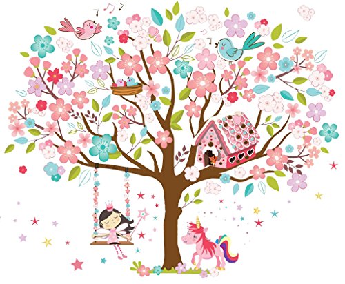 Book Cover Kath & Cath Rainbow Unicorn, Pink Fairy, Gingerbread House, Singing Birds and Cherry Blossoms Tree Wall Stickers -Kids Girls Room Vinyl Removable Self-Adhesive Multi-colour Wall Mural Art Home Decoration