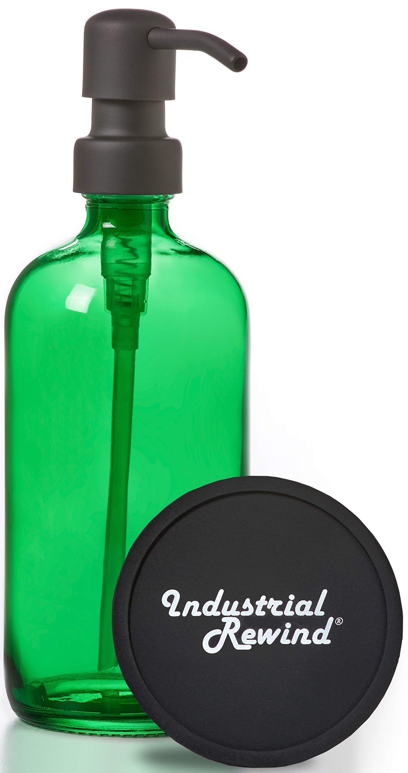 Industrial Rewind Black Metal Bathroom/Kitchen Sink Soap Dispenser Pump with Green 16oz Glass Bottle, Lotion Bottle