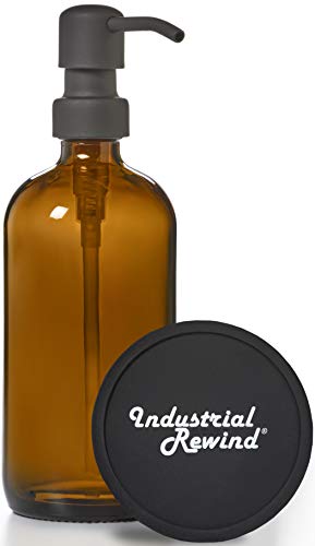 Amber Glass soap Dispenser Bottle with Matte Black Industrial Quality Metal Pump and Non Slip Coaster - Brown Glass 16oz