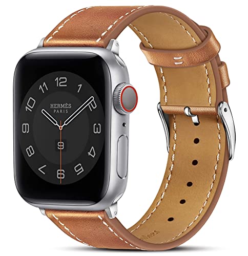 Marge Plus Compatible with Apple Watch Band Series SE 7 6 5 4 3 2 1 45mm 41mm 44mm 40mm 42mm 38mm, Genuine Leather Replacement Band for iWatch, Leather Apple Watch Strap for Women & Men Brown