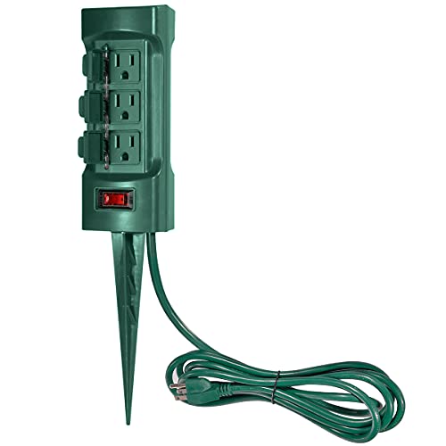 BESTTEN Outdoor Power Strip with Covers and Overload Protection Switch, Double Sided 6-Outlet Yard Power Stake with 9-Foot Long Extension Cord, ETL Certified, Green