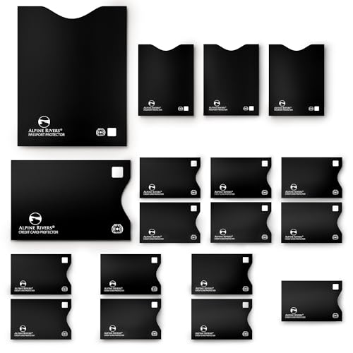 18 RFID Blocking Sleeves (14 Credit Card Holders & 4 Passport Protectors) Ultimate Premium Identity Theft Protection Sleeve Set for Men & Women. Smart Slim Design perfectly fits Wallet / Purse. (Black Premium)