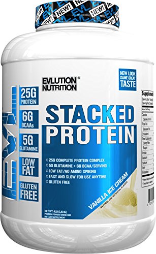 Evlution Nutrition Stacked Protein Protein Powder with 25 Grams of Protein, 5 Grams of BCAA's and 5 Grams of Glutamine (Vanilla Ice Cream, 4 LB)