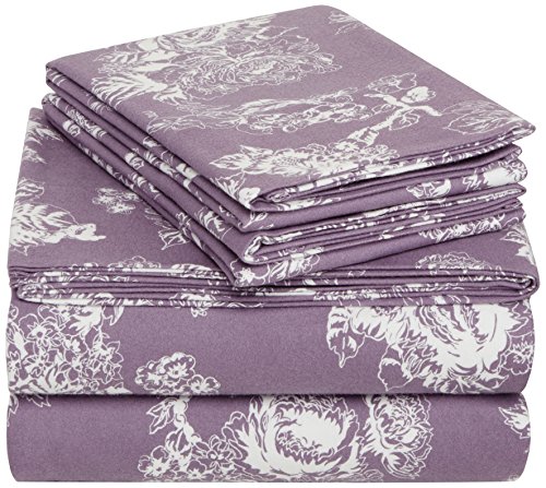 Book Cover Amazon Brand â€“ Pinzon Cotton Flannel Bed Sheet Set - Queen, Floral Lavender