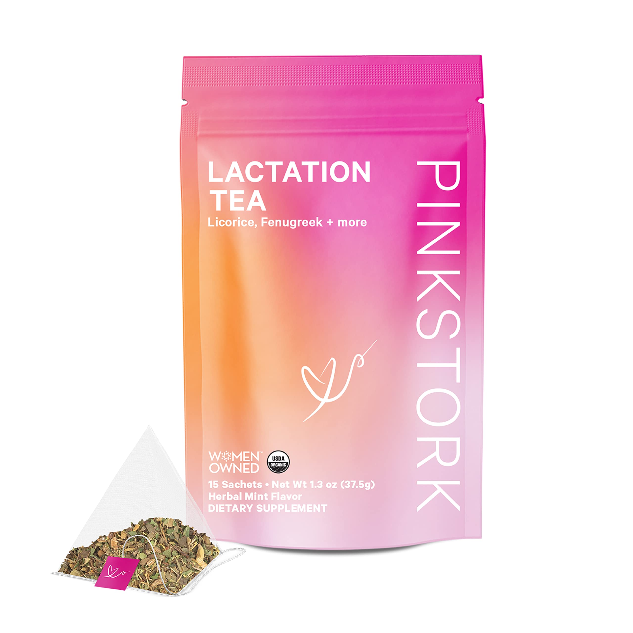 Pink Stork Lactation Support Tea: Organic Herbal Mint Nursing Tea for Breast Milk Supply, Fenugreek, Fennel and Fennel, Breastfeeding Essentials, Postpartum Essentials, Women-Owned, 15 Sachets