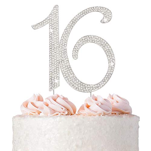 16 Cake Topper - Premium Silver Metal - Sweet 16 Birthday Party Sparkly Rhinestone Decoration Makes a Great Centerpiece - Now Protected in a Box