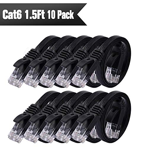 Cat 6 Ethernet Cable 1.5ft (10 Pack) (at a Cat5e Price but Higher Bandwidth) Cat6 Flat Internet Network Cable - Ethernet Patch Cables Short - Black Computer LAN Cable with Snagless RJ45 Connectors