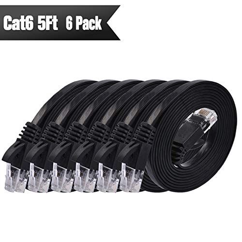 Book Cover Cat 6 Ethernet Cable 5ft (6 Pack) (at a Cat5e Price but Higher Bandwidth) Flat Internet Network Cables - Cat6 Ethernet Patch Cable Short - Black Computer LAN Cable with Snagless RJ45 Connectors