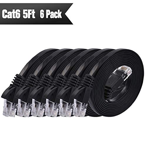 Cat 6 Ethernet Cable 5ft (6 Pack) (at a Cat5e Price but Higher Bandwidth) Flat Internet Network Cables - Cat6 Ethernet Patch Cable Short - Black Computer LAN Cable with Snagless RJ45 Connectors