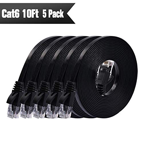 Cat 6 Ethernet Cable 10 ft (5 Pack) (at a Cat5e Price but Higher Bandwidth) Flat Internet Network Cables - Cat6 Ethernet Patch Cable Short - Black Computer Cable with Snagless RJ45 Connectors