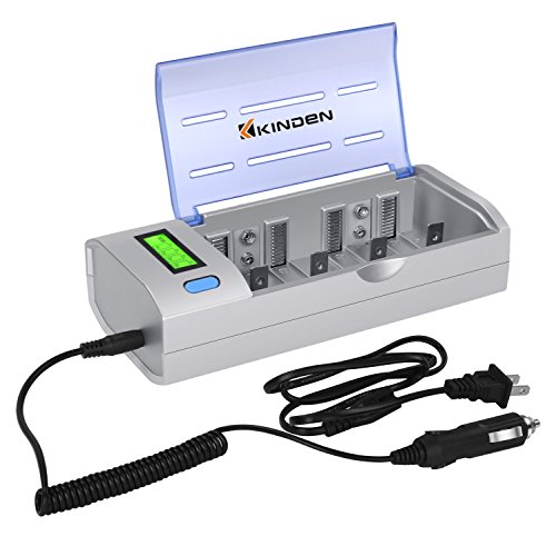 Kinden Batteries Charger with Car Charging Port for AA AAA C D 9V Ni-MH Ni-CD with LCD Display and Discharge Functions