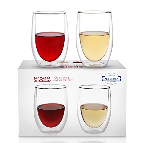Eparé Wine Glasses - Set of 2 - Insulated Double-Walled Glassware - Stemless Drinking Glass - Red & White Wine Tumblers